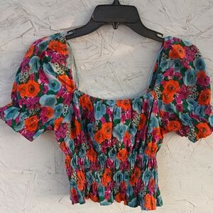 Floral puff sleeve crop top, small, Lush